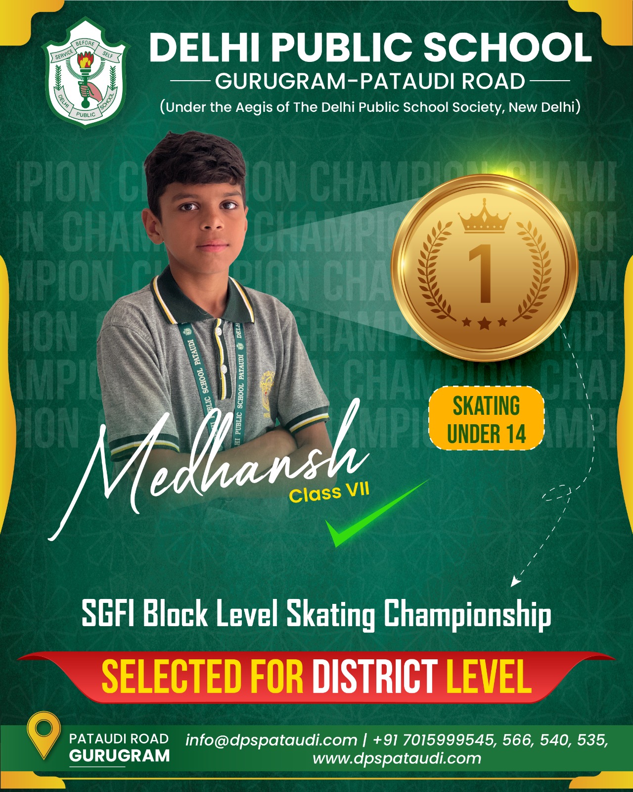 Medhansh Sharma win of DPS Pataudi wins Gold medal